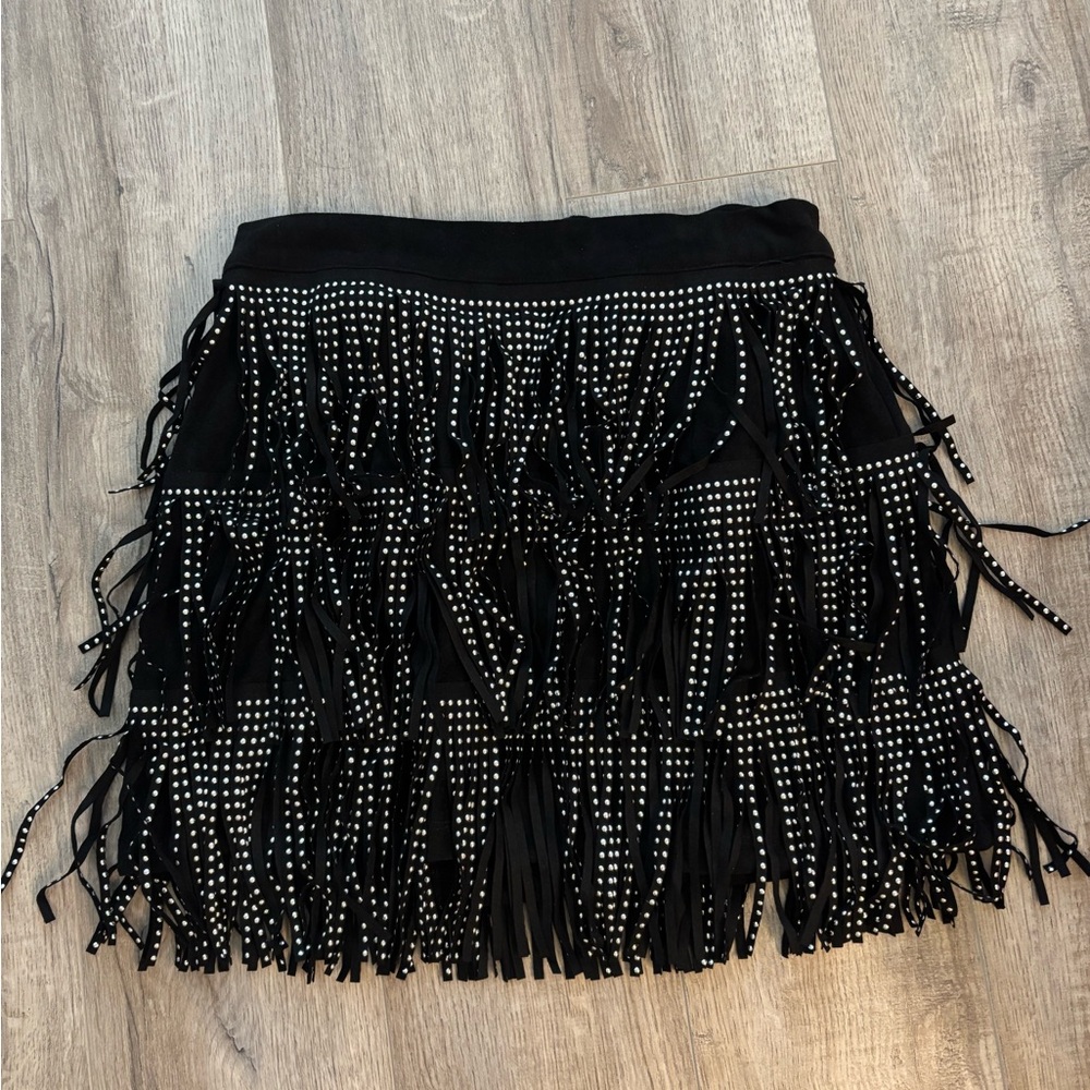 Black Fringe Skirt with Studded Details